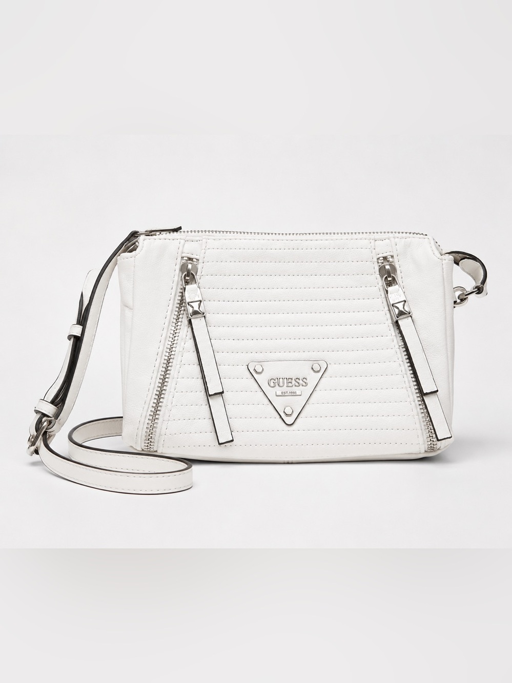 GUESS White Quilted Crossbody with Silver Accents